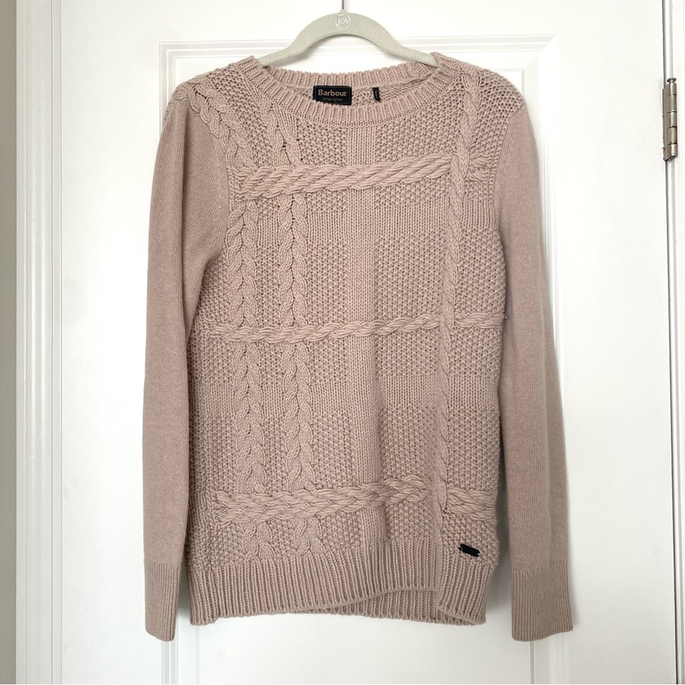 Barbour Chunky Cable Knit Winter Tartan Crew Wool Cashmere Sweater Beige 10 - Picture 2 of 6